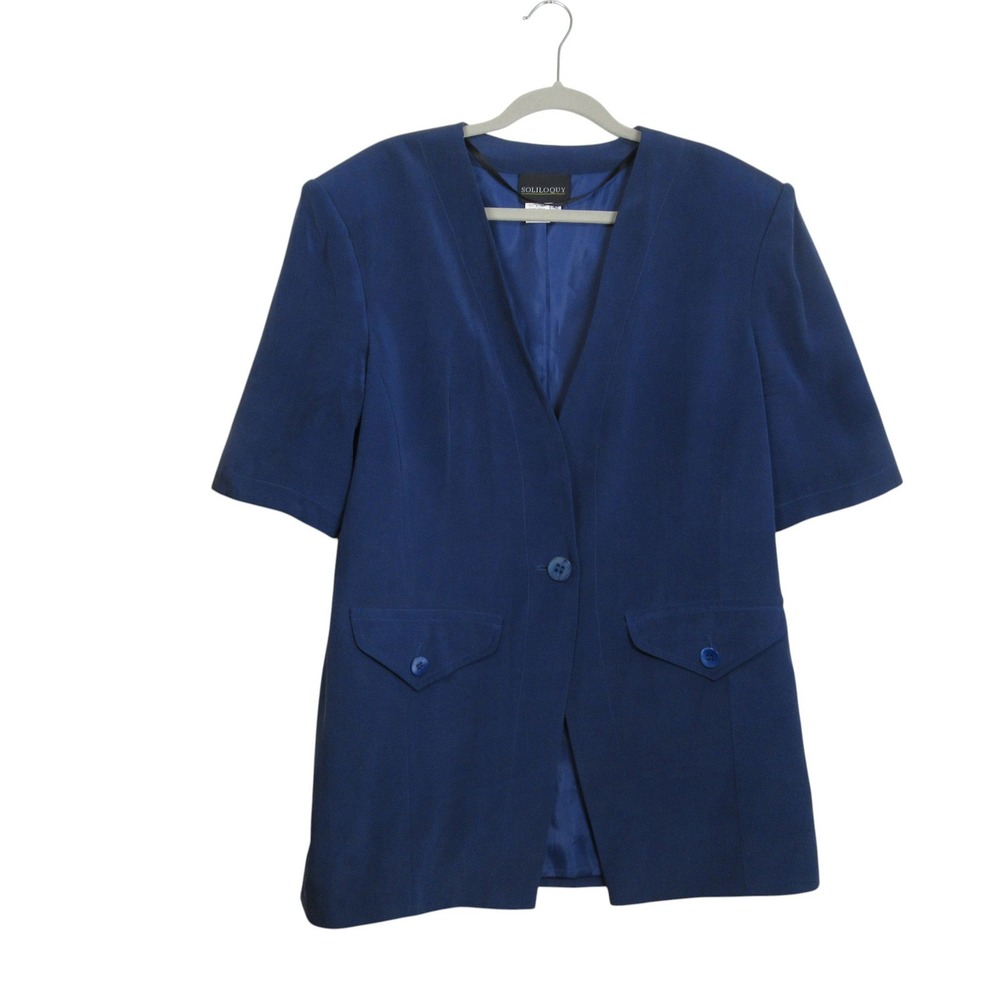 Soliloquy Womens‎ Royal Blue 100% Silk Short Sleeve Collarless Blazer Size 42